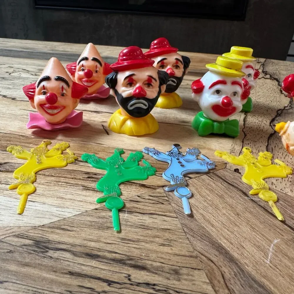 Vintage Plastic Clown Cupcake Picks, Retro Circus Cake Toppers Lot, 1970s 1980s